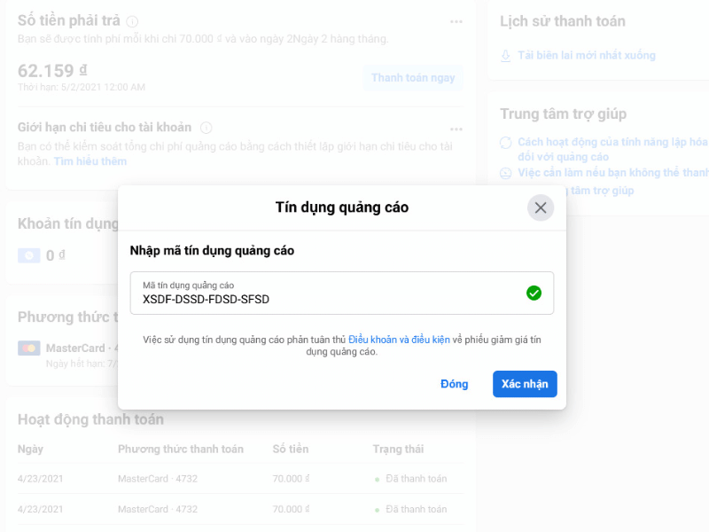 Tín dụng - hình thức được dùng thanh toán quảng cáo cho Facebook