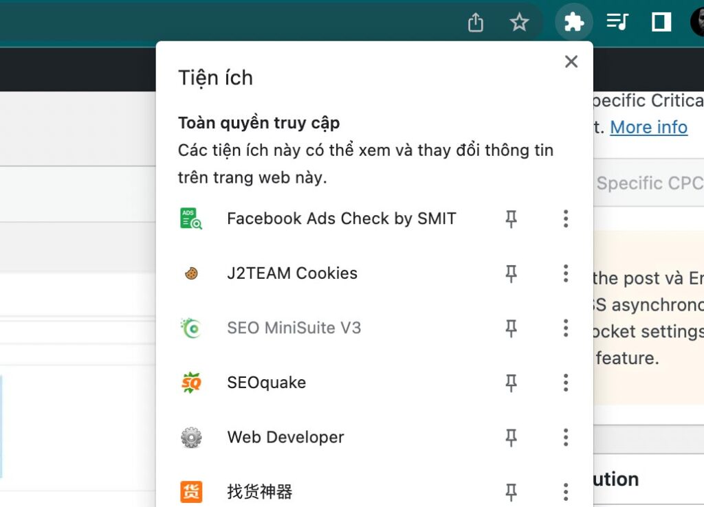 Sau khi up xong Sếp vào góc phải màn hình tìm biểu tượng Facebook ADS Check SMIT