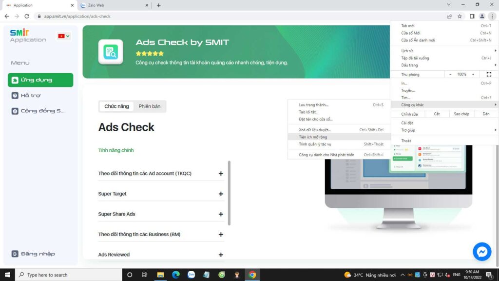Mở Chorme và tìm tới dấu ba chấm rồi tới phần “Công cụ khác” >> “Tiện ích mở rộng”