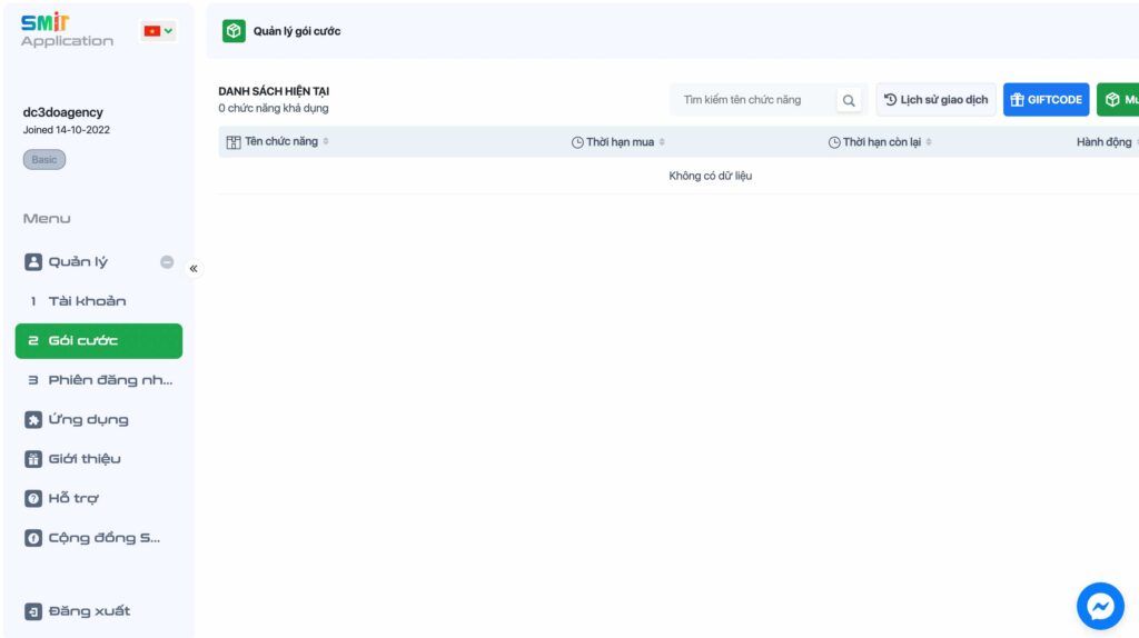 Sau khi nhận được Gifcode bạn chuyển tab qua phần Gói Cước để nhập Gifcode