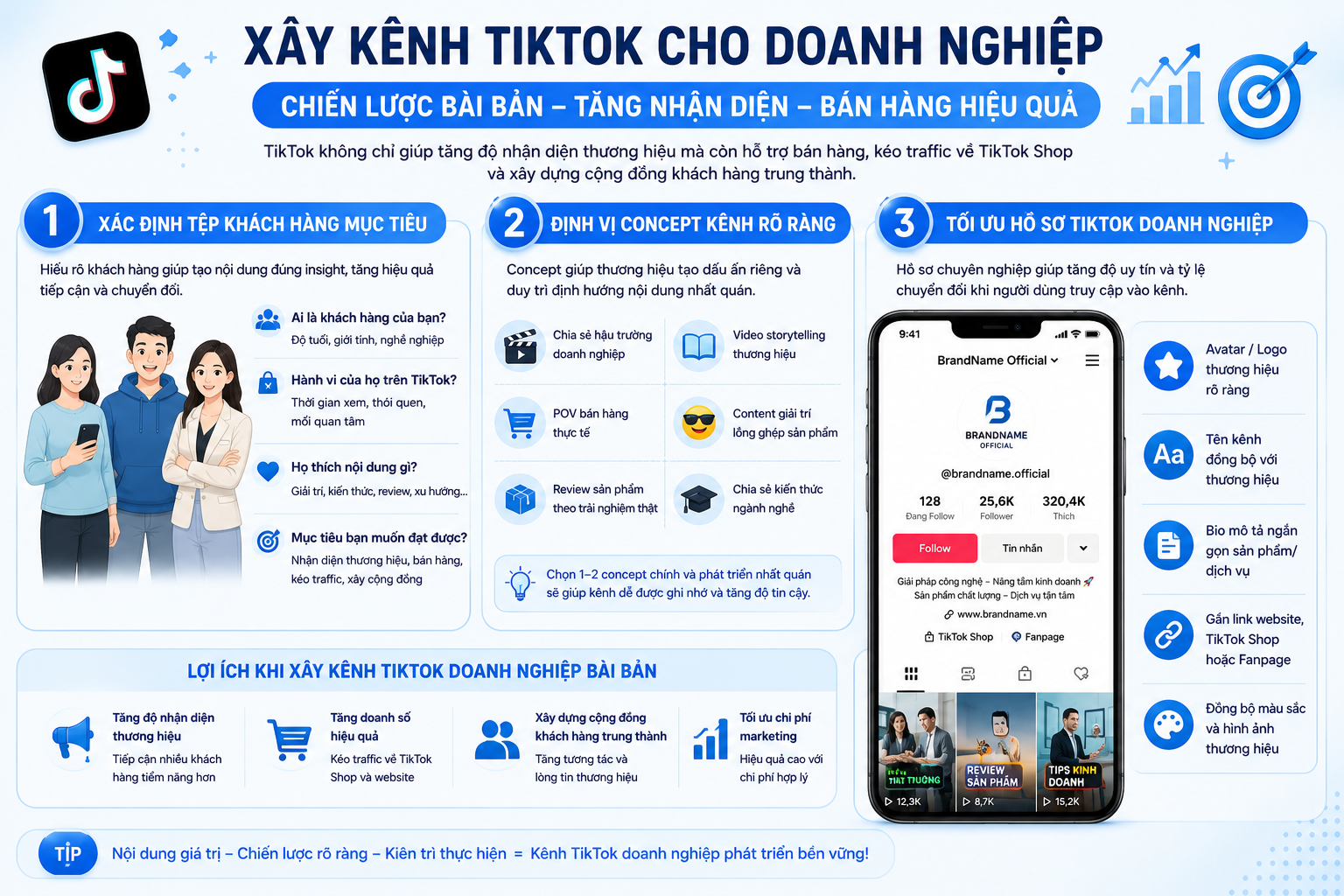 X&acirc;y dựng k&ecirc;nh TikTok cho doanh nghiệp hiện nay kh&ocirc;ng c&ograve;n l&agrave; xu hướng &ldquo;n&ecirc;n thử&rdquo;, m&agrave; đ&atilde; trở th&agrave;nh một phần quan trọng trong chiến lược Digital Marketing của nhiều thương hiệu. TikTok kh&ocirc;ng chỉ gi&uacute;p doanh nghiệp tăng độ nhận diện m&agrave; c&ograve;n hỗ trợ b&aacute;n h&agrave;ng, k&eacute;o traffic về TikTok Shop v&agrave; x&acirc;y dựng cộng đồng kh&aacute;ch h&agrave;ng trung th&agrave;nh. Tuy nhi&ecirc;n, kh&aacute;c với TikTok c&aacute; nh&acirc;n, k&ecirc;nh TikTok doanh nghiệp cần được triển khai b&agrave;i bản hơn về chiến lược nội dung, định vị thương hiệu v&agrave; mục ti&ecirc;u chuyển đổi.  Điều đầu ti&ecirc;n khi x&acirc;y dựng k&ecirc;nh TikTok cho doanh nghiệp l&agrave; x&aacute;c định r&otilde; tệp kh&aacute;ch h&agrave;ng mục ti&ecirc;u. Doanh nghiệp cần hiểu m&igrave;nh đang muốn tiếp cận ai, độ tuổi n&agrave;o, h&agrave;nh vi ra sao v&agrave; họ thường quan t&acirc;m đến dạng nội dung g&igrave; tr&ecirc;n TikTok. V&iacute; dụ: nếu thương hiệu hướng tới Gen Z, nội dung n&ecirc;n nhanh, bắt trend v&agrave; thi&ecirc;n về giải tr&iacute;. Nếu hướng tới d&acirc;n văn ph&ograve;ng hoặc chủ doanh nghiệp, video n&ecirc;n tập trung v&agrave;o gi&aacute; trị, kiến thức v&agrave; giải ph&aacute;p thực tế.  Sau khi x&aacute;c định tệp kh&aacute;ch h&agrave;ng, doanh nghiệp cần định vị concept k&ecirc;nh TikTok r&otilde; r&agrave;ng. Đ&acirc;y l&agrave; bước gi&uacute;p thương hiệu tạo dấu ấn ri&ecirc;ng thay v&igrave; l&agrave;m nội dung giống h&agrave;ng loạt k&ecirc;nh kh&aacute;c tr&ecirc;n nền tảng. Một số concept TikTok doanh nghiệp đang hoạt động tốt hiện nay gồm:  Chia sẻ hậu trường doanh nghiệp POV b&aacute;n h&agrave;ng thực tế Review sản phẩm theo trải nghiệm thật Video storytelling thương hiệu Content giải tr&iacute; lồng gh&eacute;p sản phẩm Chia sẻ kiến thức ng&agrave;nh nghề  Tiếp theo l&agrave; tối ưu hồ sơ TikTok doanh nghiệp chuy&ecirc;n nghiệp. Một profile r&otilde; r&agrave;ng sẽ gi&uacute;p tăng độ uy t&iacute;n v&agrave; tỷ lệ chuyển đổi khi người d&ugrave;ng truy cập v&agrave;o k&ecirc;nh. Doanh nghiệp n&ecirc;n ch&uacute; &yacute;:  Avatar/logo thương hiệu r&otilde; r&agrave;ng T&ecirc;n k&ecirc;nh đồng bộ với thương hiệu Bio m&ocirc; tả ngắn gọn sản phẩm/dịch vụ Gắn link website, TikTok Shop hoặc Fanpage Đồng bộ m&agrave;u sắc v&agrave; h&igrave;nh ảnh thương hiệu